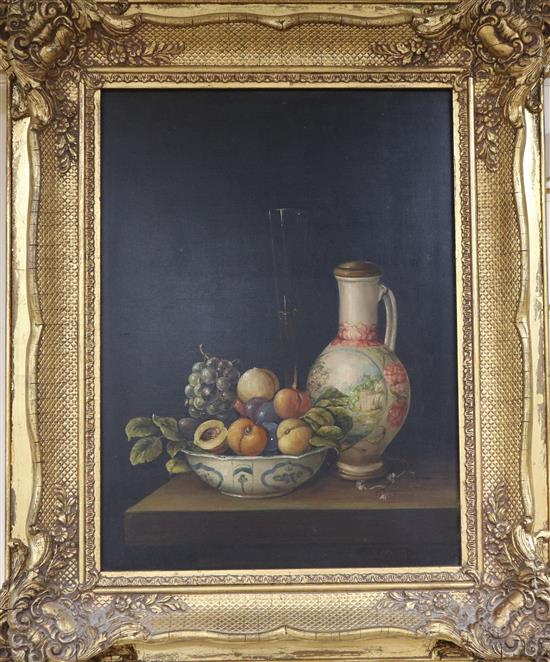 Modern 17th century style, oil on panel, Still life of fruit and ceramics on a table top, indistinctly signed, 40 x 30cm